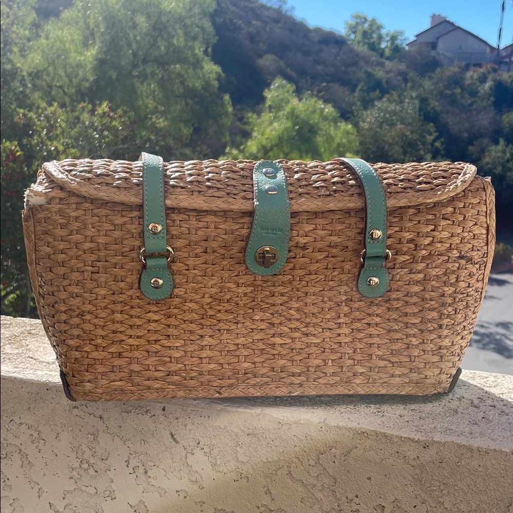 Kate Spade Woven Straw Handbag with Teal Accents - Picture 3 of 9